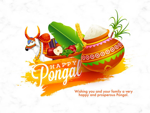 Happy Pongal festival message card design with rice mud pot, fruits, banana leaf, sugarcane, wheat ear and ox character on white marble background.