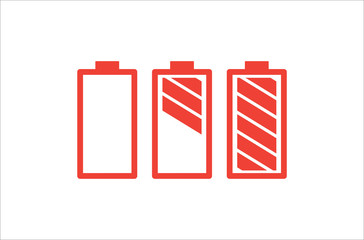 Battery Set Red Color On White Background. Red Flat Style Vector Illustration.