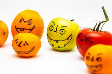 Smiley face.Oranges Drawing on face on white background.