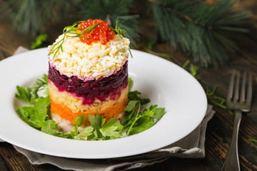 Herring under a Fur Coat. Traditional Russian holiday salad