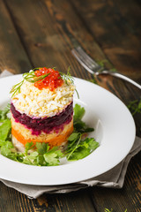 Herring under a Fur Coat. Traditional Russian holiday salad
