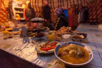 Kyrgyzstan, welcoming dinner in a yurt, Song-Kol lake