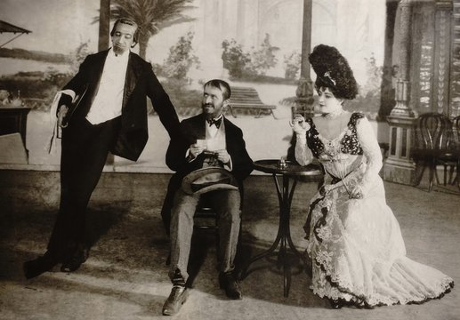 Lou M. Fields, David Warfield, and Lillian Russell in a scene from Whirl-i-gig, 1899. The musical