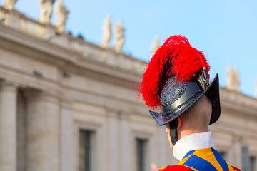 Swiss Guard protecting the Vatican near St. Peters Basilica, Vatican, Rome.