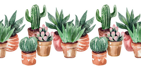 Watercolor Border Collection of cacti in pots