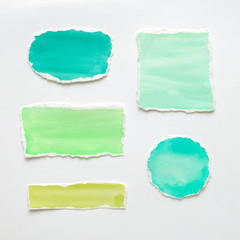 Blank piece of green watercolour papers isolated on white background, Torn watercolor painting on paper tag art design for note card