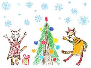 Like child hand drawing christmas tree and funny he boy and she girl tabby cats. Crayon, pastel chalk or pencil artistic stroke doodle smiling dancing kitten. Vector snow background simple style.
