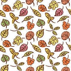 Crayon hand drawing colorful soft color autumn leaves seamless pattern. Fall set on white background. Like child hand drawn flat doodle simple vector style. Pastel chalk or pencil kids painting