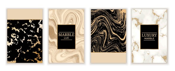 Marble gold background set in trendy minimalist style with stone, foil, glitter, metallic textures, template for poster, invitation, wallpaper, package, luxury gift