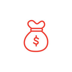 Money Sack Line Red Icon On White Background. Red Flat Style Vector Illustration.