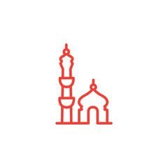 Mosque Line Red Icon On White Background. Red Flat Style Vector Illustration.