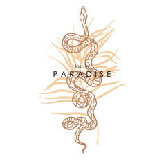Lost in paradise slogan with snake and palm tree illustration