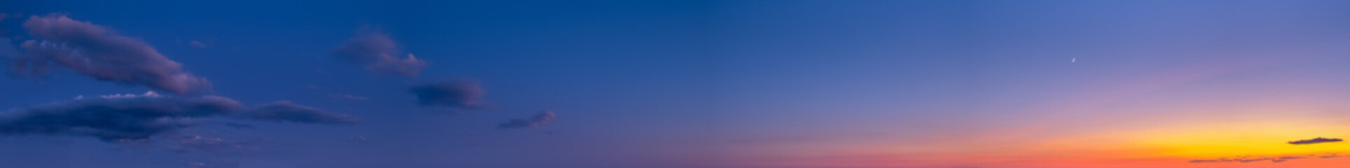 Night after sunset sky with clouds, stars and Moon (wide background panorama).