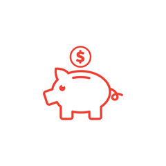 Piggy Bank Line Red Icon On White Background. Red Flat Style Vector Illustration.