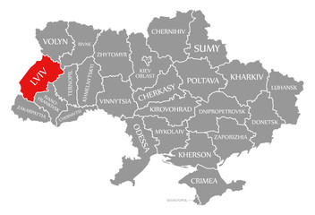 Lviv red highlighted in map of the Ukraine