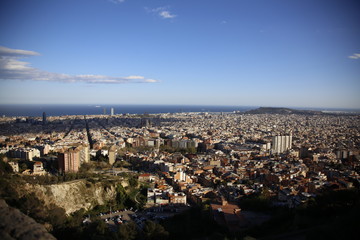 Barcelona, Catalonia / Spain »; December 2017: Panoramic view of the aerial view of the city of Barcelona and the sea in the background