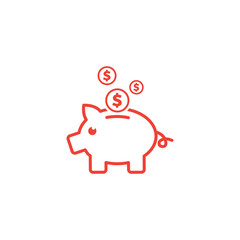 Piggy Bank Line Red Icon On White Background. Red Flat Style Vector Illustration.