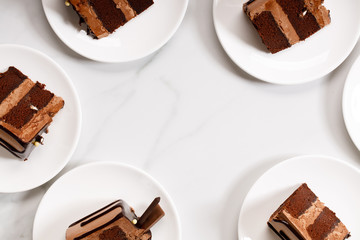 Pieces of layered dark chocolate cake on white plate