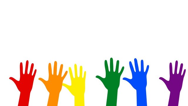Raising hands - different colorful hands voting or greeting. Concept LGBT Community. Abstract graphics in trendy colors and style. Seamless looping animation.