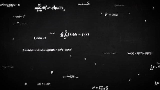 Fly through Math Formula Equation Science Symbols on Blackboard - 4K Seamless Loop Motion Background Animation