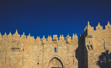 holy land ancient city Jerusalem gate fortification building architecture in Palestine occupied by...