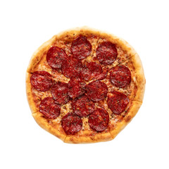 Tasty pizza with sausage from the top on white background. Italian food