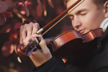 close-up portrait of a young elegant man playing the violin on autumn nature backgroung, boy's face...