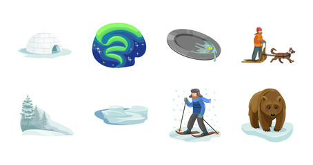 Alaska vector cartoon set.Vector illustration of north eskimo and ice arctic inuit igloo .North alaska with ice igloo.Eskimo and inuit cartoon icon.