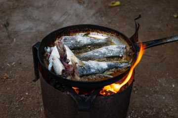 Traditional Turkish fish fries on the campfire.