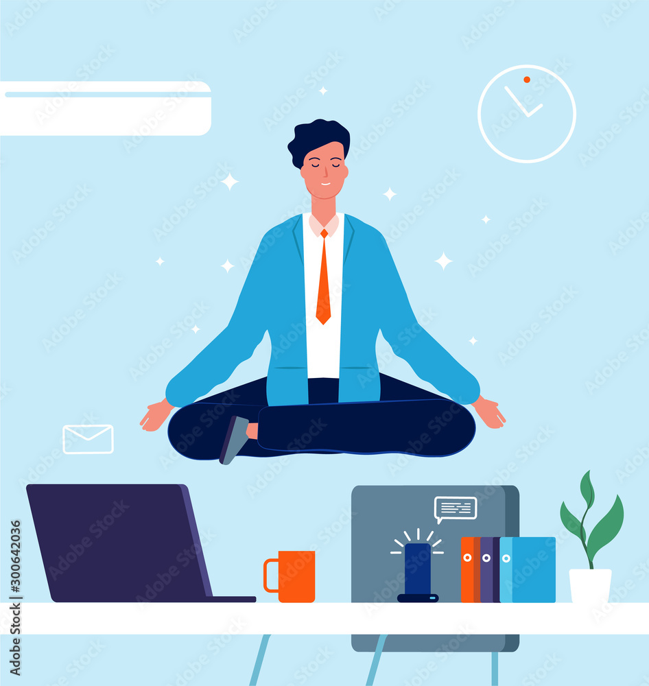 Poster business character yoga. manager sitting on office table in lotus pose stress at work business conce