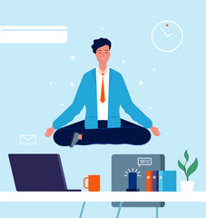 Business character yoga. Manager sitting on office table in lotus pose stress at work business concept vector pictures. Office character lotus, employee worker illustration