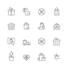 Gift icons. Packages with ribbons offers present boxes shopping cart vector gifts symbols set. Box gift, present stroke surprise illustration