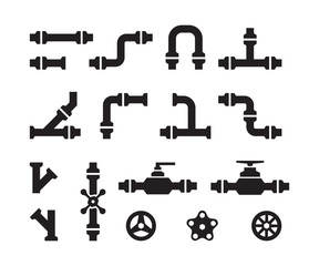 Pipe icons. Metal industry water pipelines valve constructions connectors steel vector pipes silhouettes. Part of pipe tube, pipeline for water illustration - obrazy, fototapety, plakaty
