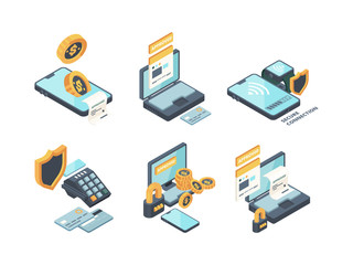 Online payments. Digital banking computer online orders financed connection smartphone wallet and cards vector isometric icons. Illustration smartphone payment, isometric web wallet banking