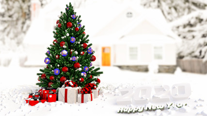 3d rendering Christmas tree in house a winter 2020 HAPPY NEW YEAR - Illustration