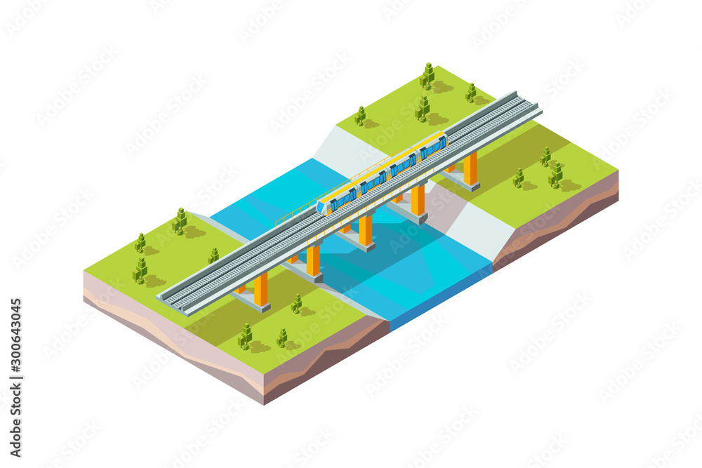 Sticker railway viaduct. urban train above river modern city infrastructure railroad vector isometric. railw