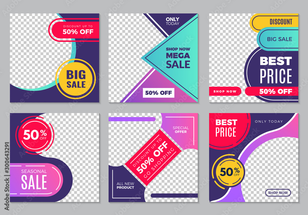 Sticker post template. social media ads banners with place for text abstract colored shapes vector collectio