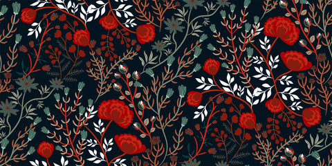 Floral vintage print with different kinds of flowers, leaves, herbs on a dark background. Abstract blossom pattern, texture, trendy pattern for fashion fabrics, interior design, Wallpaper...Vector. 