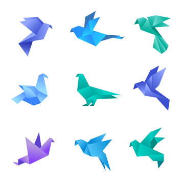 Origami dove. Pigeon birds from paper stylized polygon geometrical abstract animals vector origami collection. Illustration origami animal, dove bird, pigeon paper geometric