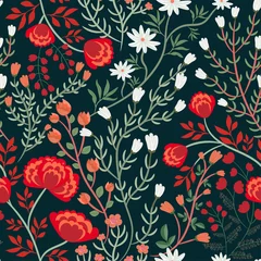 Papier peint Rouge Motif floral harmonieux avec différents types de fleurs forestières, feuilles, herbes. Illustration vectorielle. Fond abstrait coloré. Impression à la mode pour les tissus, l& 39 intérieur, les textiles, les couvertures de magazines...