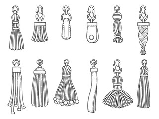 Handbags accessories. Leather textile technician knot trinket threads fashion items vector illustrations. Leather accessory pendant isolated hand draw