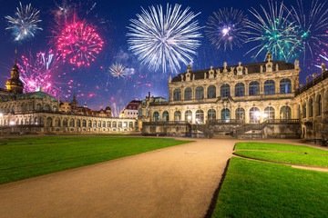 New Years firework display over the Zwinger palace in Dresden, Saxony. Germany