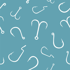 Seamless pattern with different types of fishing hooks on watercolor background. Fishing texture. Flat design. Vector illustration.