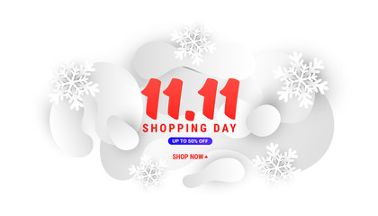 11.11 day winter sale banner with gradient light shapes and paper cut snowflakes on a white background with place for your text