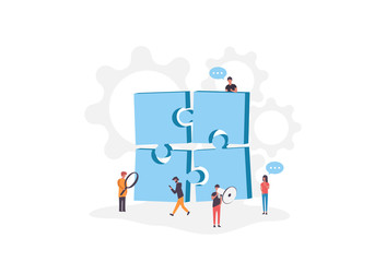 Flat 3d isometric infographic concept of teamwork, collaboration, workforce, winning staff web concept vector template. Puzzle pieces with groups of business people. Corporate structure.