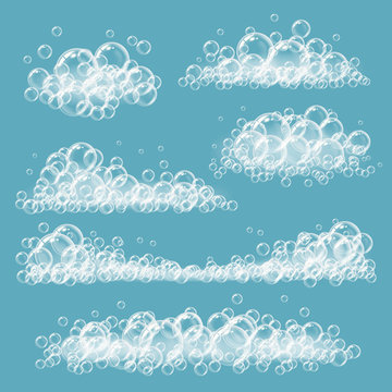 Foaming bubbles. Soapy transparent circles and balls white realistic vector foam templates. Foam water, detergent shampoo ball, bubble fresh clean illustration