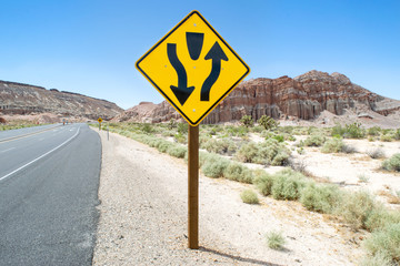 "Road Lanes Split Ahead" Sign on the Side of a Highway near Red Rock Canyon State Park - California, USA