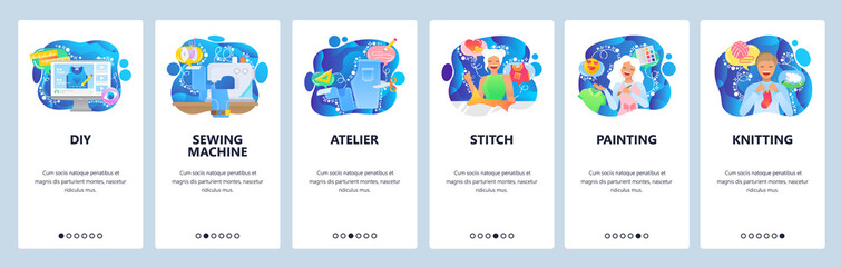 Mobile app onboarding screens. Sewing machine, painting, artist palette, knitting, atelier. Menu vector banner template for website and mobile development. Web site design flat illustration