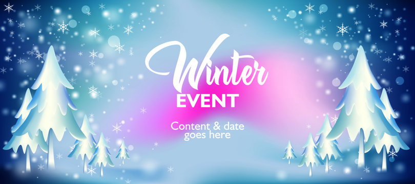 Winter season event banner background design template for music festival, tour, party and concert. Snowfall wallpaper layout for advertisement, publication and promotion for print. Vector illustration