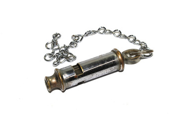 Vintage Metal Police Man or Referee  Whistle On White Background
